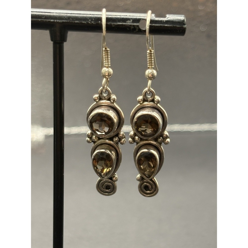 Vintage Sterling Silver Smoky Quartz Dangle Earrings 5 Grams H11